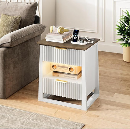 HIFYOBRO Fluted Nightstands Set of 2 with Charging Station & Motion Sensor Light, Modern Bedside Tables with 2 Drawers and Storage Shelf for Bedroom, White