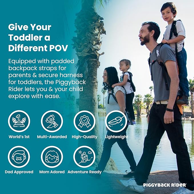 Piggyback Rider - Scout Standing Child Carrier Backpack for Events & Travel - Complete Parent & Child Set with Secure Safety Harness for Ages 2-4, Toddler Carrier Up to 50lbs