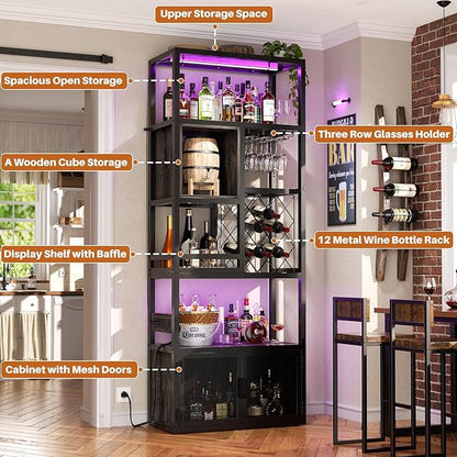 82.6" Tall Bar Cabinet with Power Outlets, 6-Tiers Reversible Wine Cabinet with LED Lights, Glass Holder & Wine Rack, Liquor Storage Cabinet Coffee Bar Unit Station for Dining Living Room, Grey Oak