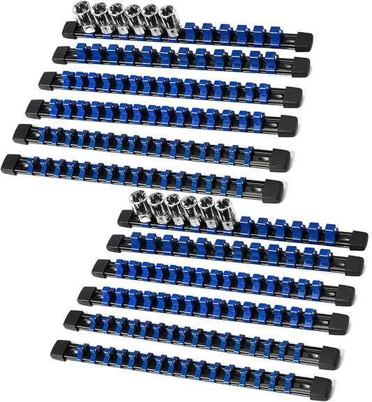 Socket Organizer Drive ABS Tools - Blue Socket Holder, Premium Quality 12 Pieces Socket Holders Kit 1/4-Inch x 64 Clips, 3/8-Inch x 60 Clips, 1/2-Inch x 48 Clips（12PC,Blue)
