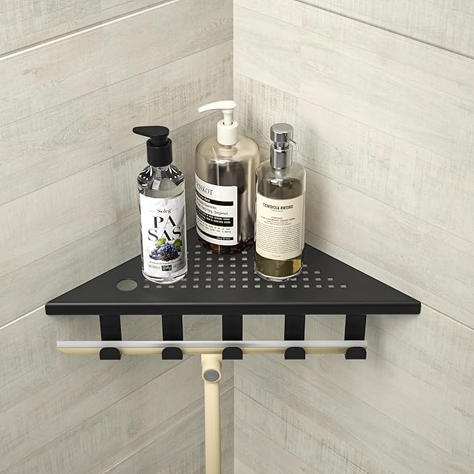 Grout in Shower Shelves with Hooks, 304 Stainless Steel Corner Bathroom Shelf for Tiled Wall (Matte Black, 10'' x 10'')