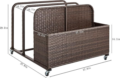 Poolside Float Storage Organizer, Outdoor Wicker Rattan Pool Float Holder Storage Rack for Basket Box Patio Pool Storage Caddy with Rolling Wheels for Pool Toy Noodles Equipment Accessroies Espresso