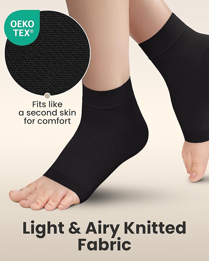 KEMFORD Ankle Compression Sleeve - 2-Pack, Plantar Fasciitis Braces - Open Toe Compression Socks for Swelling, Sprain, Neuropathy, Foot Arch Support for Men and Women - 20-30mmhg, L, Black