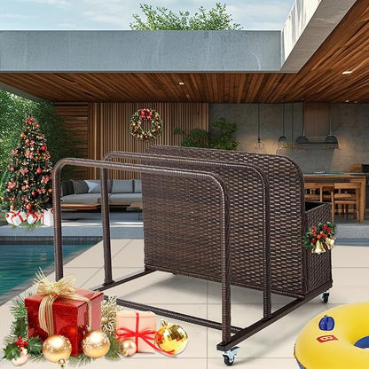 Poolside Float Storage Organizer, Outdoor Wicker Rattan Pool Float Holder Storage Rack for Basket Box Patio Pool Storage Caddy with Rolling Wheels for Pool Toy Noodles Equipment Accessroies Espresso
