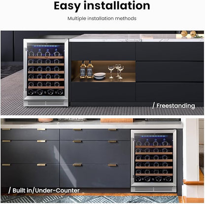 Yeego Wine Fridge Cooler - 24 Inch Wine Fridge Hold 47 Bottles, 40-65°F Wine Refrigerator Glass Door, Built in, Freestanding Under Counter Fridge for Beer Soda Drink Home Bar Office(5.12 Cu.ft)