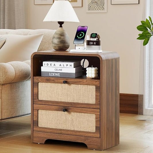 Modern Night Stand with Charging Station and 2 Drawers, Wooden Side Table Curved Nightstands with USB/Type-C Ports, Large Mid Century End Table for Living Room, Bedroom, Nature Linen, Walnut