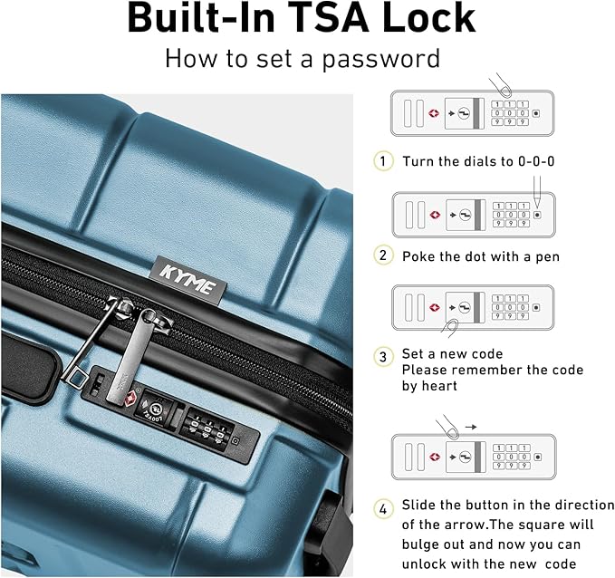KYME Carry On Luggage 22x14x9 Airline Approved with Cup Holder Hardside Carry On Suitcase with Spinner Wheels TSA Lock Hardshell 22 inch Travel Rolling Luggage for Women Men Blue