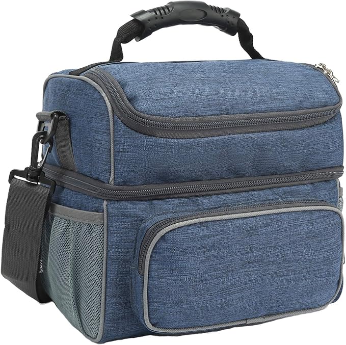 FlowFly Double Layer Cooler Insulated Lunch Bag Adult Lunch Box Large Tote Bag for Men, Women, With Adjustable Strap,Front Pocket and Dual Large Mesh Side Pockets