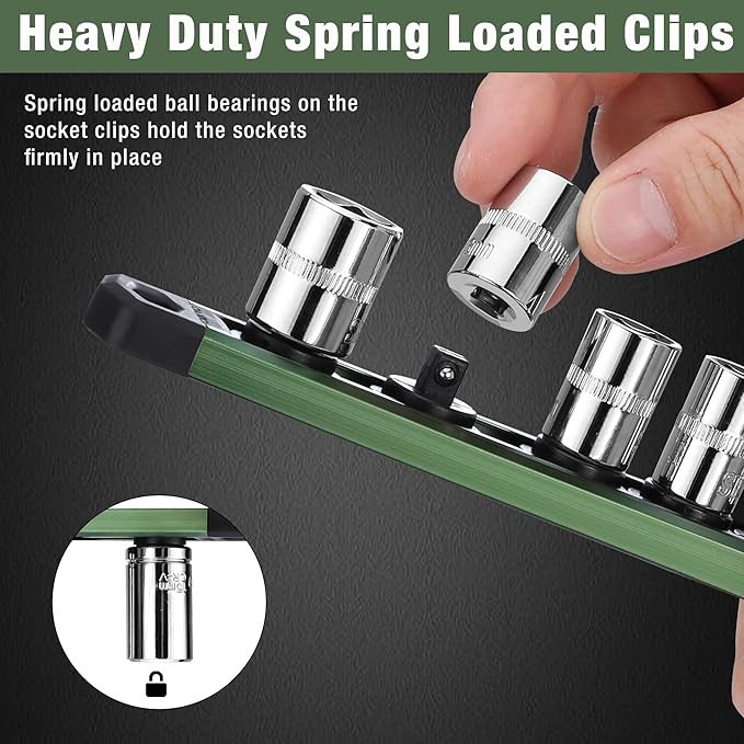 WORKPRO Magnetic Socket Organizer, 1/4-Inch Drive Aluminum Alloy Socket Rail, Heavy Duty Socket Holder, Socket Rack Kit 1/4-Inch x 12 Clips Green (Socket not Included)