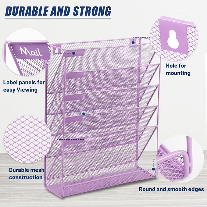 EASEPRES Desk File Organizer Mesh 6 Tier, Hanging Wall Mount Document Organization Stand, Desktop Vertical Mail Paper Folder Holder Rack with Bottom Tray for Office Home Cubicle, Light Purple