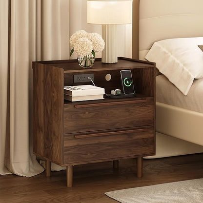 Mid-Century Modern Nightstand with Charging Station, 26" Tall Wood Bedside Table with Tray Top, USB & Type-C Ports, AC Outlets, 2 Drawers and Open Shelf for Bedroom or Living Room, Walnut