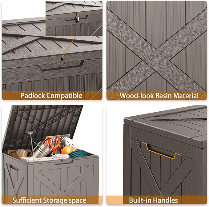 32 Gallon Deck Box,Resin Outdoor Storage Box with Lockable for Patio Furniture, Pool Accessories, Garden Tools, Waterproof Outside Storage Box, Grey