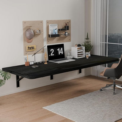 IAE Floating Wall Mounted Folding Table Desk with Pine Wood,55" x 22" Foldable Workbench,Fold Down Wall Mounted Foldable Desk with Shelf Brackets,Laundry Folding Table for Home,Dining,Kitchen,Black