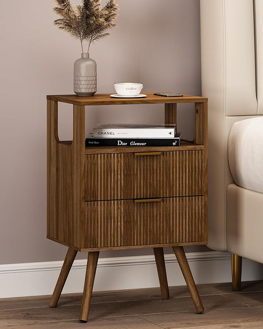 Nightstand,Modern Bedside Table with 2 Storage Drawer and Open Wood Shelf, for Bedroom and Small Spaces,Night Stand with Solid Wood Legs,Walnut Brown