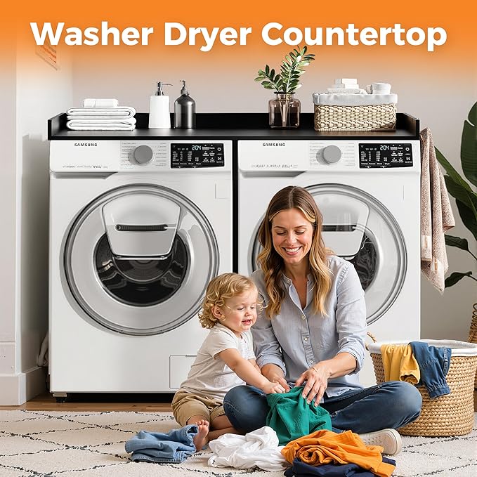 Washer Dryer Countertop, Wood Countertop with Edge Rails for Laundry Room Organization and Storage, Washer Dryer Topper for Laundry Room, 27.5" x 54" (Black)