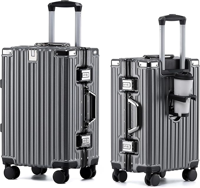 HotWay 20 Inch Aluminum Frame Carry On Luggage with Spinner Wheels, PC Hard Shell Suitcase with Cup Holder, Zipperless Luggage for Business Travel, Gray