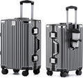 HotWay 26 Inch Aluminum Frame Luggage with Spinner Wheels, PC Hard Shell Suitcase with Cup Holder, Zipperless Luggage for Business Travel, Gray