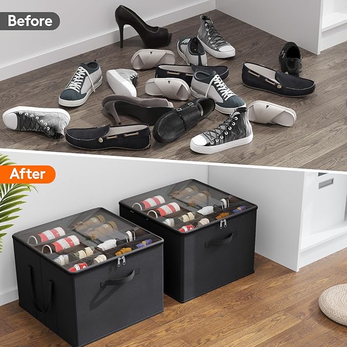 Lifewit Shoe Storage Organizer for Closet, Fits 12-16 Pairs, Large Shoe Box Storage Containers with Clear Cover and Reinforced Handles, Foldable Storage Bins Fit for Boots Heels Sneakers, 2 Pack Black