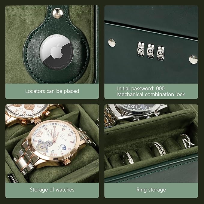KAMIER Watch Case with Combination Lock - 4 Watch Storage and Jewelry Organizer - Watch Travel Case for Ring and Watch Storage, PU Leather Travel Watch Case, Ideal for Gift (With Gift Box), Green
