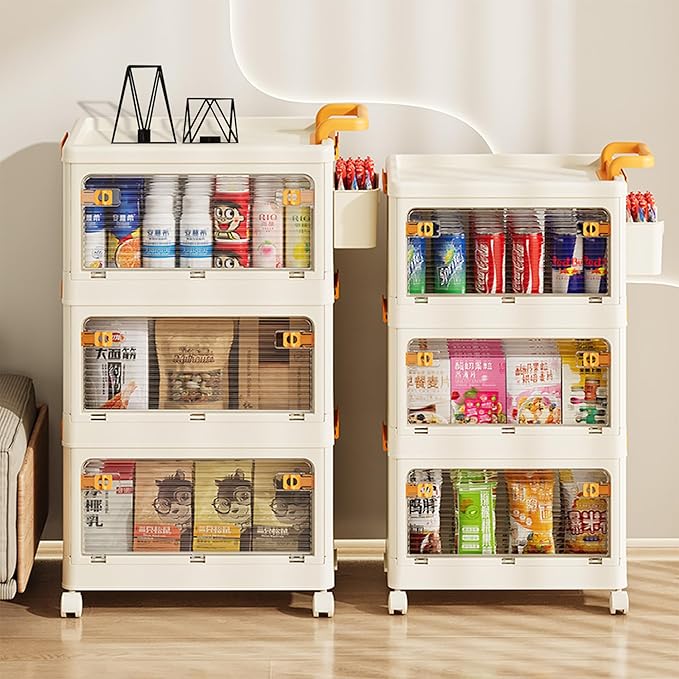 58 QT Storage Bins with Lids, Stackable Rolling Storage Cart with Clear Doors, 3 Tier Storage Cart on Wheels, Plastic Storage Containers for Home, Office, Kitchen, Bedroom, White