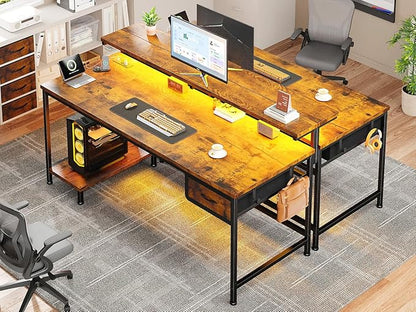 47.2 Inch Office Desk with Power Outlet & Ergonomic Monitor Stand,Gaming Desk with CPU Stand& LED Lights,Computer Desk with Drawer for Home Work,Study Redroom and Gaming,Small Spaces,Rustic Brown