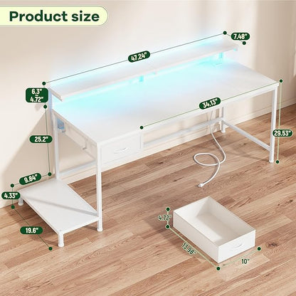 Computer Desk with Ergonomic Monitor Stand & CPU Stand,47.2" Gaming Desk with 1 Drawer & Power Outlet & LED Lights for Home Work, Bedroom Study and Gaming, Small Spaces,White