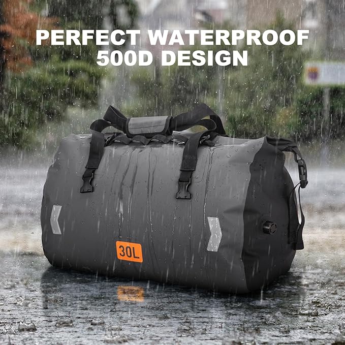 Waterproof Dry Bag, 30L Roll-top Motorcycle Tail Bag with Air Valve & Quick-fixed Straps, Travel Duffle Bags for Kayaking Paddle Boarding Rafting Boating Camping Riding Fishing - Grey