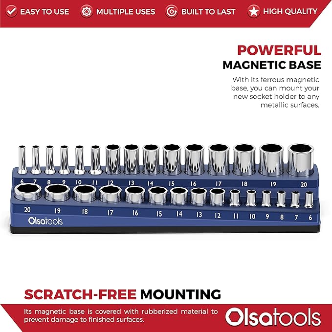 Olsa Tools Magnetic Socket Holder | 3/8-inch Drive | Metric | Blue | Holds 30 Sockets | Professional Quality Tools Organizer