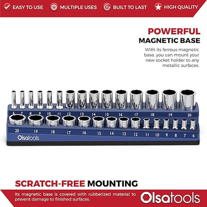 Olsa Tools Magnetic Socket Holder | 3/8-inch Drive | Metric | Blue | Holds 30 Sockets | Professional Quality Tools Organizer