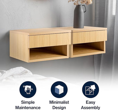 JONATHAN Y NST2002C Ettore 15.71" Mid-Century Modern Floating Wall Mounted Nightstand with Soft-Close Drawer and Cable Hole, Light Oak