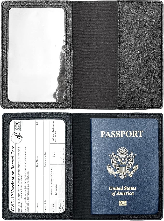 2 Pack Passport and Vaccine Card Holder PU Leather Passport Wallet Vaccine Case Protector Slot Travel Passport Wallet for Women & Men (D-Black&Blue)
