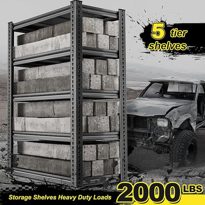 REIBII Garage Shelving Load 2000 LBS, Adjustable 5-Tier Storage Shelves, Metal Shelving Units and Storage Rack Shelf for Garage, Basement, Kitchen, 32" W x 17" D x 72" H, Black, 2PC