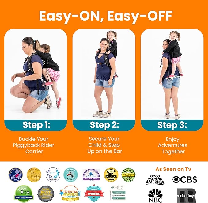 Piggyback Rider - Scout Standing Child Carrier Backpack for Events & Travel - Complete Parent & Child Set with Secure Safety Harness for Ages 2-4, Toddler Carrier Up to 50lbs