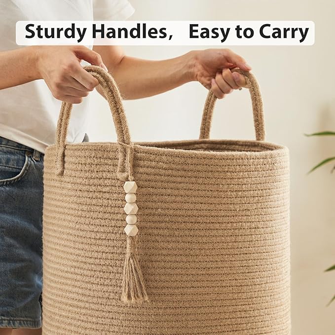 Jute Woven Rope Laundry Hamper, Tall Laundry Basket for Blanket Storage, Large Dirty Clothes Hamper for Toys, Decorative Baby Nursery Hamper for Bedroom, Living Room - Jute Brown, 58L