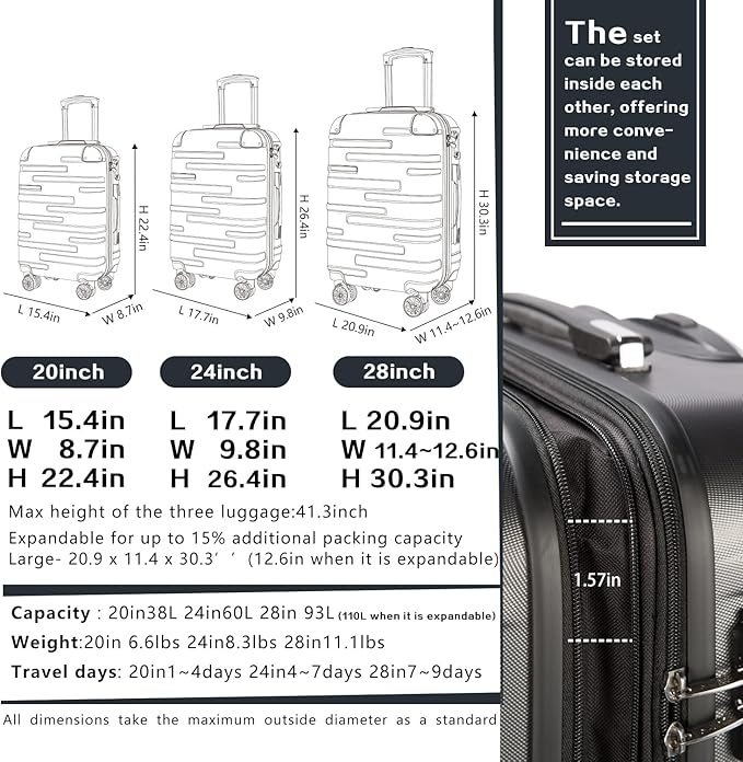 Coolife Luggage Expandable(only 28") Suitcase 3 Piece Set with TSA Lock Spinner 20in24in28in (dark green)