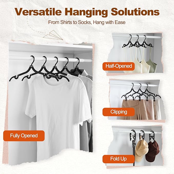 HOUSE DAY Foldable Travel Hangers 10 Pack w/10 Clips, Cruise Essentials 2025, Portable Hanger Collapsible Hangers Plastic, Travel Must Haves for Suitcase, Hotel, RV, Road Trip, Flying, Camping-Black