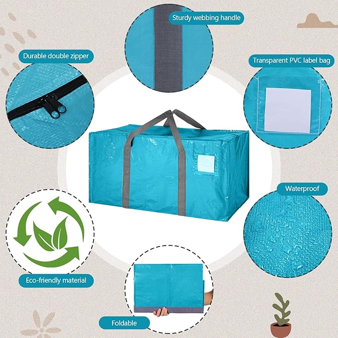 8 Pack Extra Large Moving Bags Heavy Duty Packing Bags with Extra Long Handles and Zippers Storage Totes for College Students Room Dorm Essentials Packing Supplies(Blue)