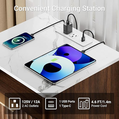 Fluted Night Stand with Charging Station, 18" Modern Nightstand with Faux Marble Top, 2 Drawers End Table with Storage, Bedside Table for Bedroom Living Room, Curved Profile Design(Walnut)