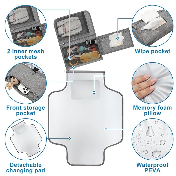 Accmor Portable Diaper Changing Pad, Waterproof Travel Baby Changing Mat, Newborn Essentials Baby Shower Gifts, Grey