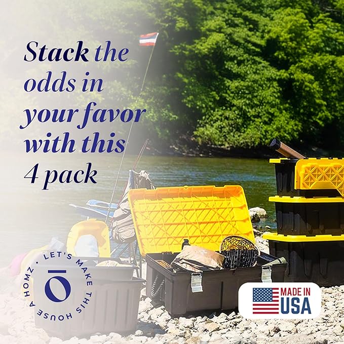 HOMZ 4-Pack Durabilt Tote, Heavy Duty Plastic Storage Bins with Lids, 34 Gallon, Black/Yellow - Stackable Organizing Containers for Home, Garage, and Office