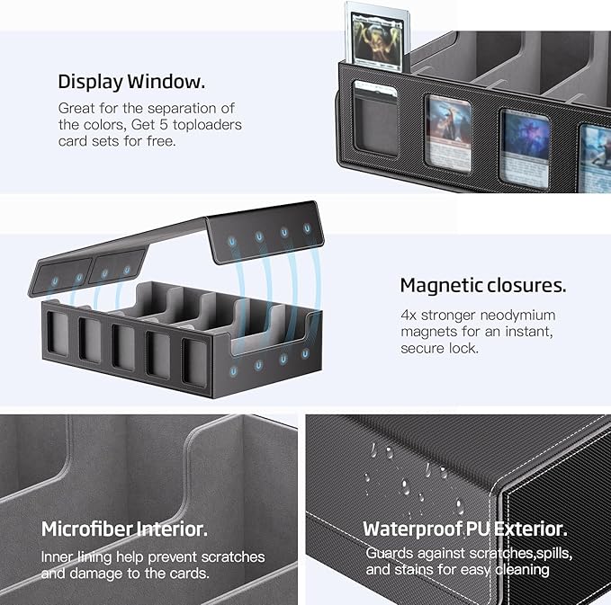 Trading Card Storage Box 5-Row 3900+ Capacity,TCG MTG Card Case with Magnetic Lid & Commander Display,Top Loader Storage for Sports Cards,Includes Dividers Dice Box