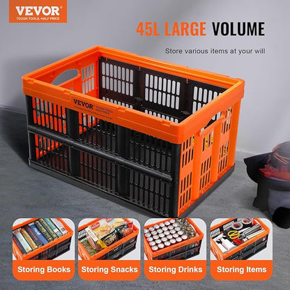 VEVOR 45L Collapsible Milk Crates 3 Packs, Stackable Storage Baskets with Handles, Folding Storage Containers for Organizing Tools, Books, Food, Drinks, Camping & Transport