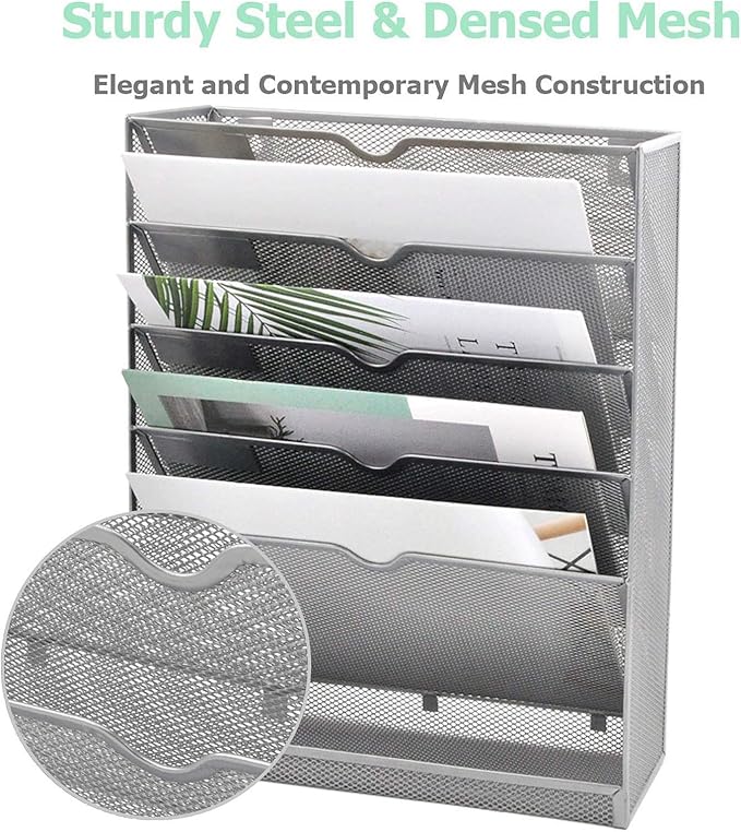 EASEPRES Mesh Wall File Organizer 6 Tier Vertical Mount Hanging Holder Magazine Rack with Bottom Flat Tray, Sides Closed, Silver