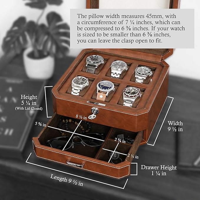ROTHWELL 6 Slot Leather Watch Box with Valet Drawer - Luxury Case Display Organizer, Microsuede Liner, Locking Mens Jewelry Watches Holder, Men's Watch Storage Large Glass Top (Tan/Brown)