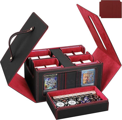 Card Storage Box for MTG with Commander Display for Trading Cards 400+, Card Deck Box with Handle, Removable Deck Case for TCG/Sports Cards, 4 Dividers, 1 Dice Tray, 4 Card Holders, Black Red