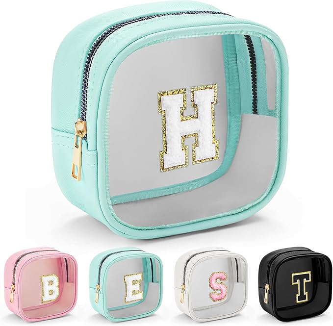 YOOLIFE Initial Make Up Bag Travel Toiletry Bag, Clear Makeup Bag Preppy Cosmetic Bags Organizer Travel Essentials Gifts for Women Teen Girlfriend Teacher Mom Birthday Mothers Day Gifts Mini Blue H