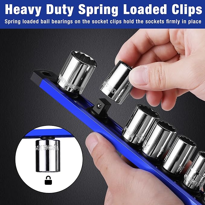 WORKPRO Magnetic Socket Organizer, 1/2-Inch Drive Aluminum Alloy Socket Rail, Heavy Duty Socket Holder, Socket Rack Kit 1/2-Inch x 10 Clips (Blue)