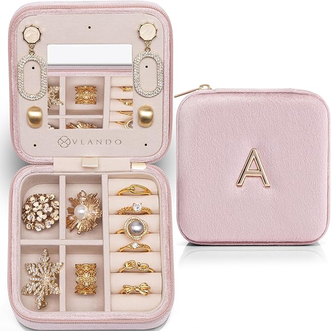 Vlando Mothers Day Gifts for Mom Travel Jewelry Case for Girl Women, A Initial Jewelry Case, Mini Jewelry Travel Organizer Travel Essentials for Travel Gift Teen Girls - Letter A, Pink