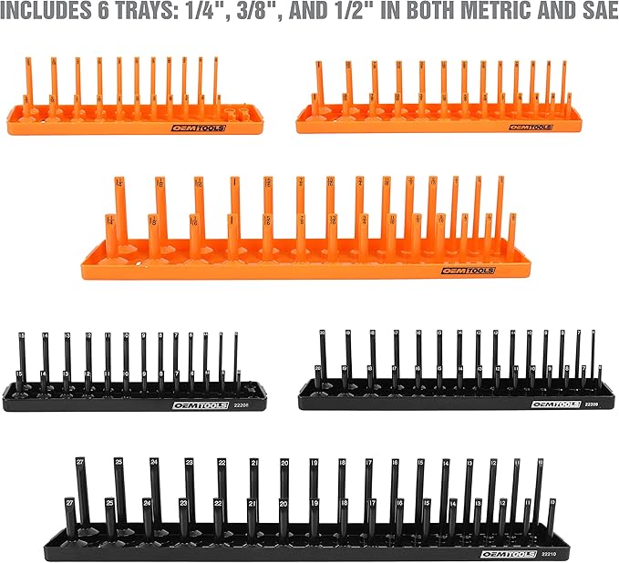 OEMTOOLS 22418 Magnetic Socket Organizer Set, 6-Piece Holder Set Includes 1/4", 3/8", 1/2" Drive Metric SAE Socket Trays, Tool Box Organizer, Christmas Gift for Men(Sockets not Included)