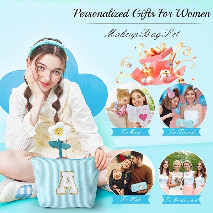 YOOLIFE Birthday Gifts for Women - Personalized Cute Initial Cosmetic Makeup Pouch Make Up Toiletry Bag for Her Mom Teacher Friend Girlfriend Wife Birthday Gifts 21st Birthday Gifts G